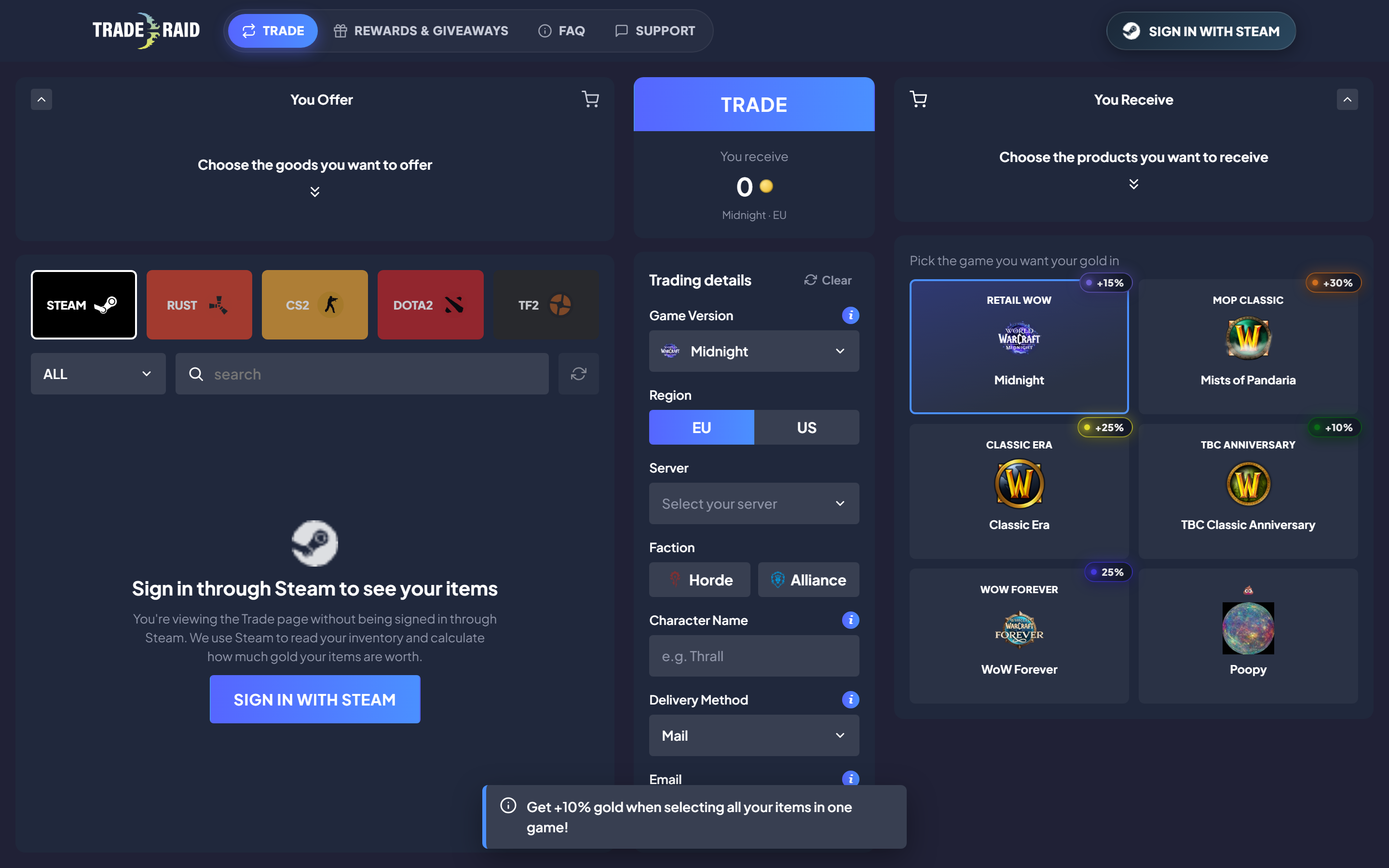 Trade-Raid trade page: Steam inventory, trading details and WoW game version picker